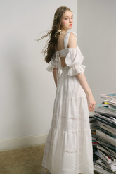 Embroidery Hollow Long Skirt White Dress